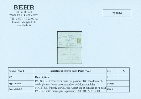 PASSEUR Barthe N°43A 10c. bistre-jaune, Report 2 touché