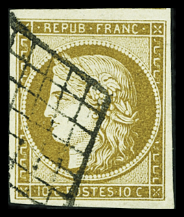N°1 10c bistre-jaune, obl. GRILLE, grandes marges,