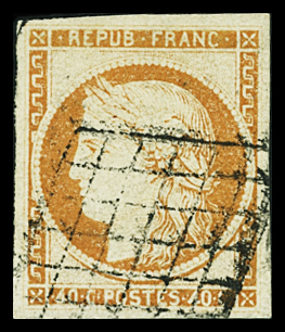 N°5 40c orange, obl. GRILLE, grandes marges, TTB. Signé
