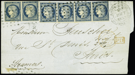 N°4 25c bleu en bande de 4 et paire obl. gros points