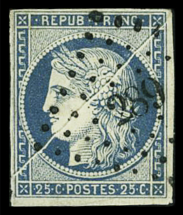 N°4 25c. bleu, obl. avec très beau pli accordéon, obl.