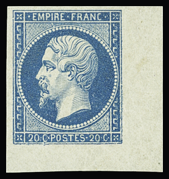 N°14B 20c. bleu type II, coin de feuille, très frais,
