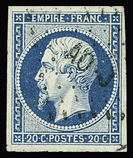 N°14A 20c bleu, obl. losange AO J (Armée d'Orient bureau