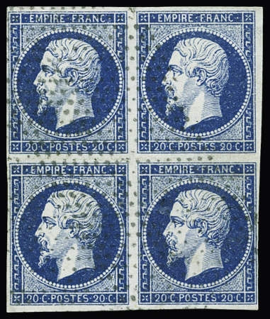 N°14A 20c bleu Type I, bloc de 4, pointillés fins,
