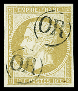 N°13A 10c bistre Type I, doublement frappé "OR", TTB