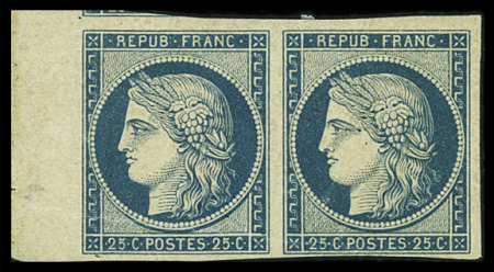 N°4 25c bleu en paire bdf avec voisin, neuve avec gomme