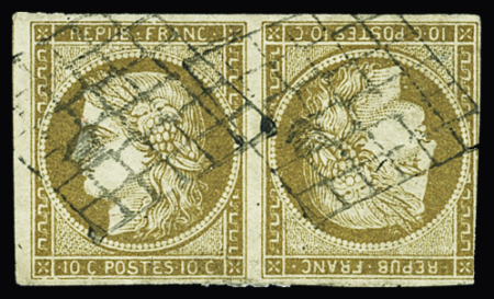 N°1d 10c bistre-jaune paire TETE-BECHE, obl. grille,