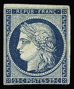 N°4 25c bleu, neuf sans gomme, touché en bas. Signé