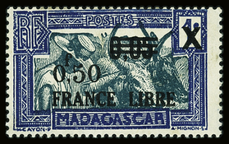 N°241a 0,50 sur 0,05 sur 1c. bleu et vert-bleu, variété