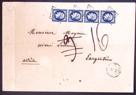 N°14Aa 20c. bleu foncé, BANDE de 4 obl. PC 2590 s. Env., càd T15 LE PUY-EN-VELAY 31/7/56 et TAXE 16 
