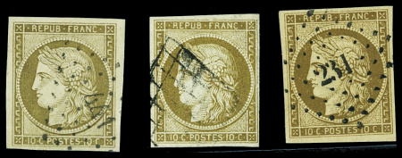 N°1 10c. bistre jaune, 3 teintes différentes, oblitérés,