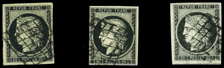 N°3 20c. noir, 3 nuances différentes dont un n°3c GRIS-NOIR