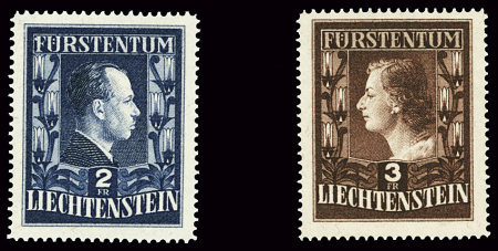 N°266a 2f. bleu + n°267a 3f. brun rouge de 1951, dentelés