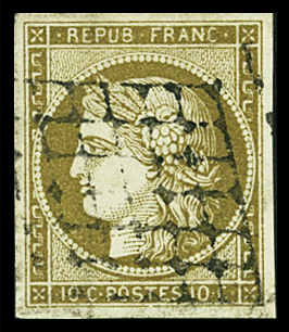 N°1b 10c bistre-verdâtre, obl. grille, TB. Signé Calves