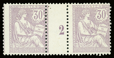 N°128 30c. violet, variété piquage décalé, paire millésime