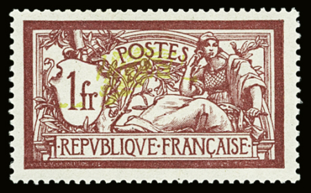 N°121b 1 f. lie-de-vin et olive centre déplacé, bon