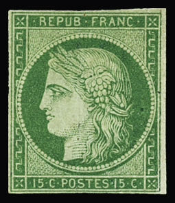 N°2 15c. vert sur vert-jaune, neuf sans gomme, réparé,
