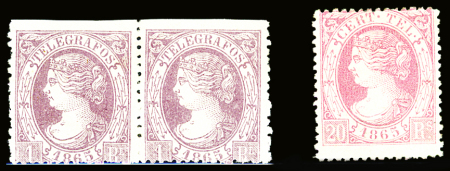 TIMBRES-TELEGRAPHE N°9, 1r. brun-lilas, en PAIRE dentelée
