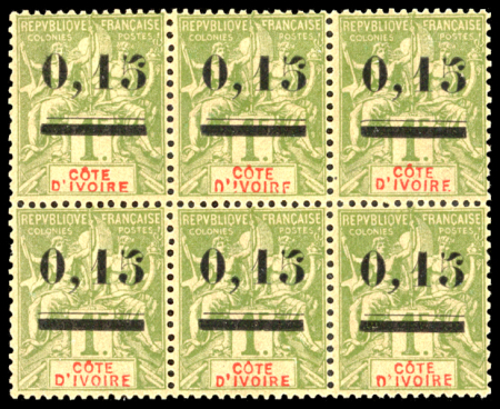 N°20 0.15 sur 1f olive, bloc de 6, neuf ** (gomme coloniale),
