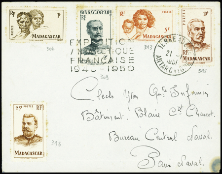 Madagascar n°306 + 309 + 313 + 315 + 318 obl CAD "Terre Adélie Antarctique" (21.1.1951) + griffe 4 lignes "Expédition Antarctique française 1948-1950)