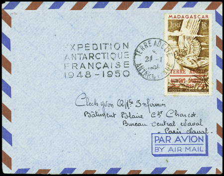 TAAF PA n°1 obl CAD "Terre Adélie Antarctique" (21.1.1951) sur lettre adressée au batiment polaire commandant Charcot". RR et TB