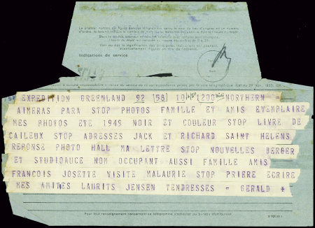 Télégramme de Gérald Taylor expédié du Groenland (10.2.1950) pour l'hotel Ritz à Paris. TB