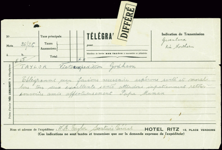 Télégramme des parents de gerald Taylor (Hotel Ritz Paris) adressé à Gerald Taylor (Victor expédition Godhavn). TB