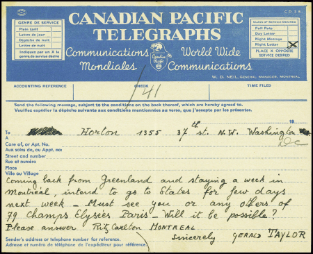 Télégramme "Canadian Pacific Telegraphs" écrit par Gérald Taylor qui, revenu du Groenland, séjourne une semaine à Montréal avant de se rendre aux USA.