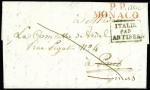Lettre avec MP rouge "PP Monaco" + marque d'entrée encadrée "Italie pour Antibes" (1826). TB