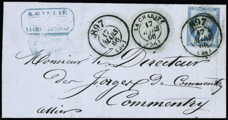 N°22 obl bureau de passe 897 (1866) répété à côté + T15 "La Charité" sur lettre, ind 19, jolie pièce