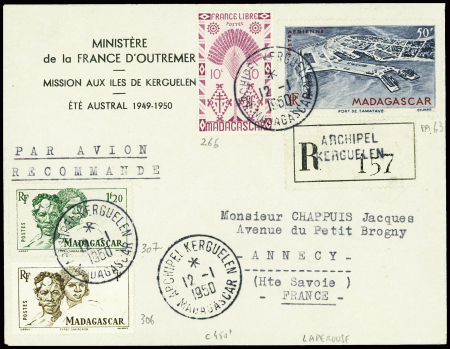 Madagascar n°266+306+307+PA63 obl CAD "Archipel Kerguelen Madagascar" (12.1.50 + Aviso Lapérouse) sur lettre recommandée. TB