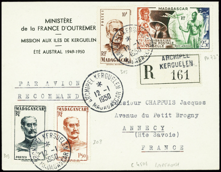 Madagascar n°308 + 309 + 315 + PA72 obl CAD "Archipel Kerguelen Madagascar" (12.1.1950 - Aviso Lapérouse) sur lettre recommandée. TB