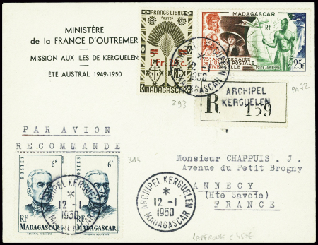 Madagascar n°293 + 314, 2 pièces + PA72 obl CAD "Archipel Kerguelen Madagascar" (12.1.1950 - aviso Lapérouse) sur lettre recommandée. TBV