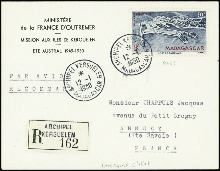 Madagascar PA63 obl CAD "Archipel Kerguelen Madagascar" (12.1.1950 - aviso Lapérouse) sur lettre recommandée. TB