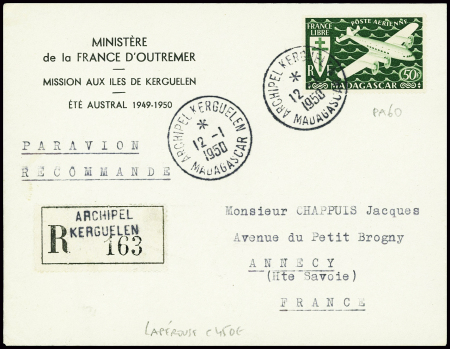 Madagascar PA60 obl CAD "Archipel Kerguelen Madagascar" sur lettre recommandée. TB