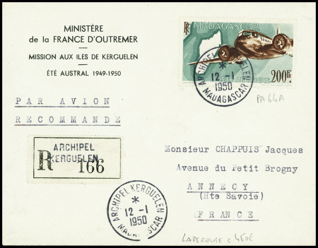 Madagascar PA64A obl CAD "Archipel Kerguelen Madagascar" (12.1.1950 - aviso Lapérouse) sur lettre recommandée. TB