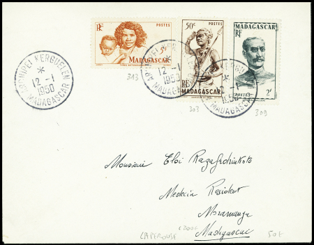 Madagascar n°303 + 309 + 313 obl CAD "Archipel Kerguelen Madagascar" (12.1.1950 - avison Lapérouse) sur lettre simple pour Madagascar. TB