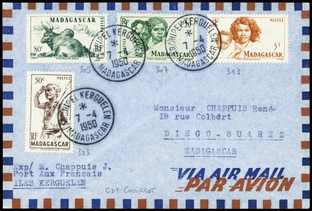 Madagascar n°303 + 305 + 307 + 313 obl CAD "Archipel Kerguelen Madagascar" (7.4.1950 - CDT Charcot) sur lettre pour Madagascar. TB