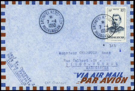 Madagascar n°317 obl CAD "Archipel Kerguelen Madagascar" (7.4.1950 - CDT Charcot) sur lettre. TB