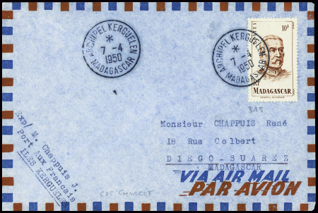Madagascar n°315 obl CAD "Archipel Kerguelen Madagascar" (7.4.1950 - CDT Charcot) sur lettre pour Madagascar. TB