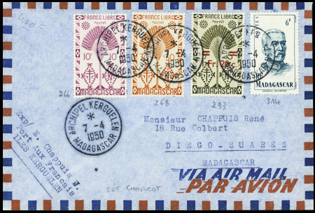 Madagascar n°266 + 268 + 293 + 314 obl CAD "Archipel Kerguelen Madagascar" (7.4.1950 - CDT Charcot) sur lettre pour Madagascar. TB
