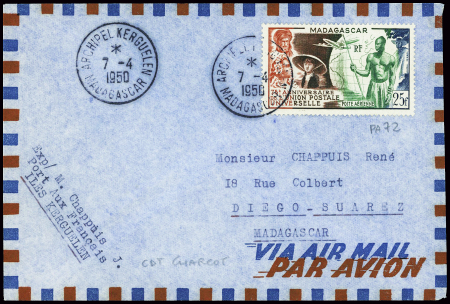 Madagascar PA n°72 obl CAD "Archipel Kerguelen" (7.4.1950 - CDT Charcot) sur lettre pour Madagascar. TB
