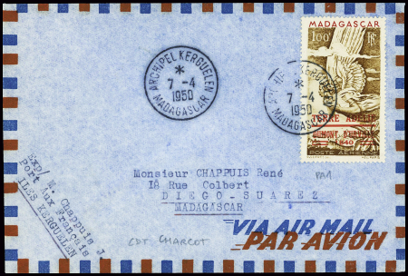 TAAF PA n°1 obl CAD "Archipel Kerguelen Madagascar" (7.4.1950 - CDT Charcot) sur lettre pour Madagascar. TB