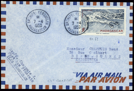 Madagascar PA n°63 obl CAD "Archipel Kerguelen Madagascar" (7.4.1950 - CDT Charcot) sur lettre pour Madagascar. TB