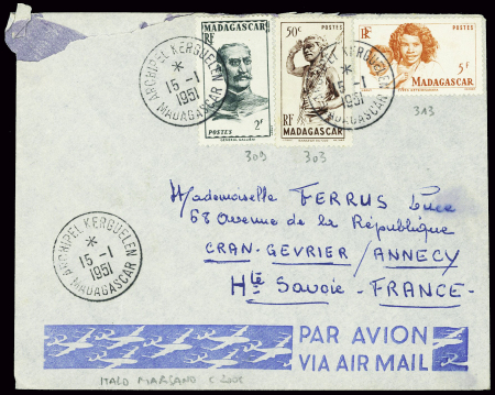 Madagascar n°303 + 309 + 313 obl CAD "Archipel Kerguelen Madagascar" (15.1.1951 - Italo Marsano) sur lettre. TB