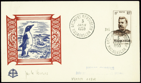 Madagascar n°316 obl CAD "Archipel Kerguelen Madagascar" (3 janv 1955) sur env illustrée Cubbels (manchot et otarie dans un cadre rouge et bleu) (Verc