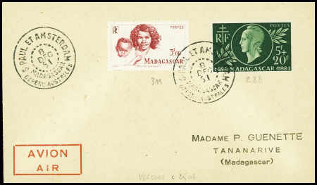 Madagascar n°288 + 311 obl CAD "S. Paul et Amsterdam Madagascar depend. Australes" (8 dec 51 - Vercors) sur lettre (courrier Guenette). TB