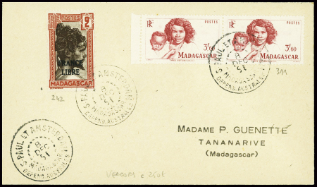 Madagascar n°242 + 311 en paire obl CAD "S.Paul et Amsterdam Madagascar depend. Australes" (8 dec 51 - Vercors) sur lettre (courrier Guenette). TB