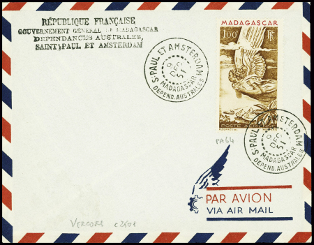 Madagascar PA n°64 obl CAD "S. Paul et Amsterdam Madagascar depend. Australes" (8 dec 51 - Vercors) sur env sans adresse avec griffe 4 lignes "Repibli