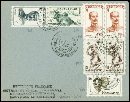 N°303 en paire + 308 en paire + 305 + 309 + 306 obl CAD "S. Paul et Amsterdam Madagascar depend. Australes" (9 dec 51 - Vercors) sur env sans adresse 